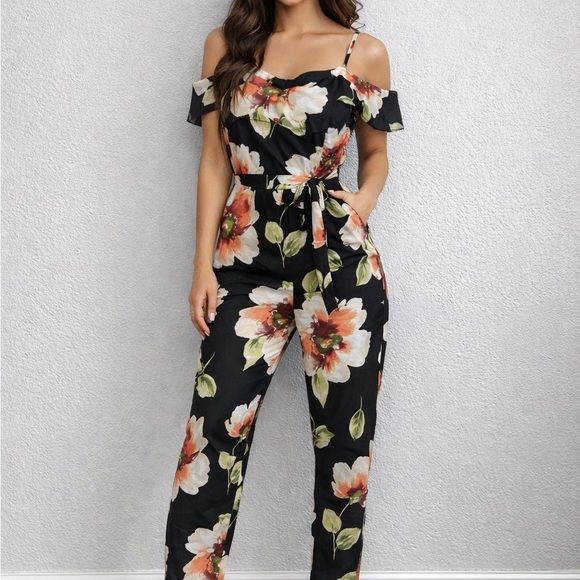 VENUS Pants - VENUS Black Floral Jumpsuit